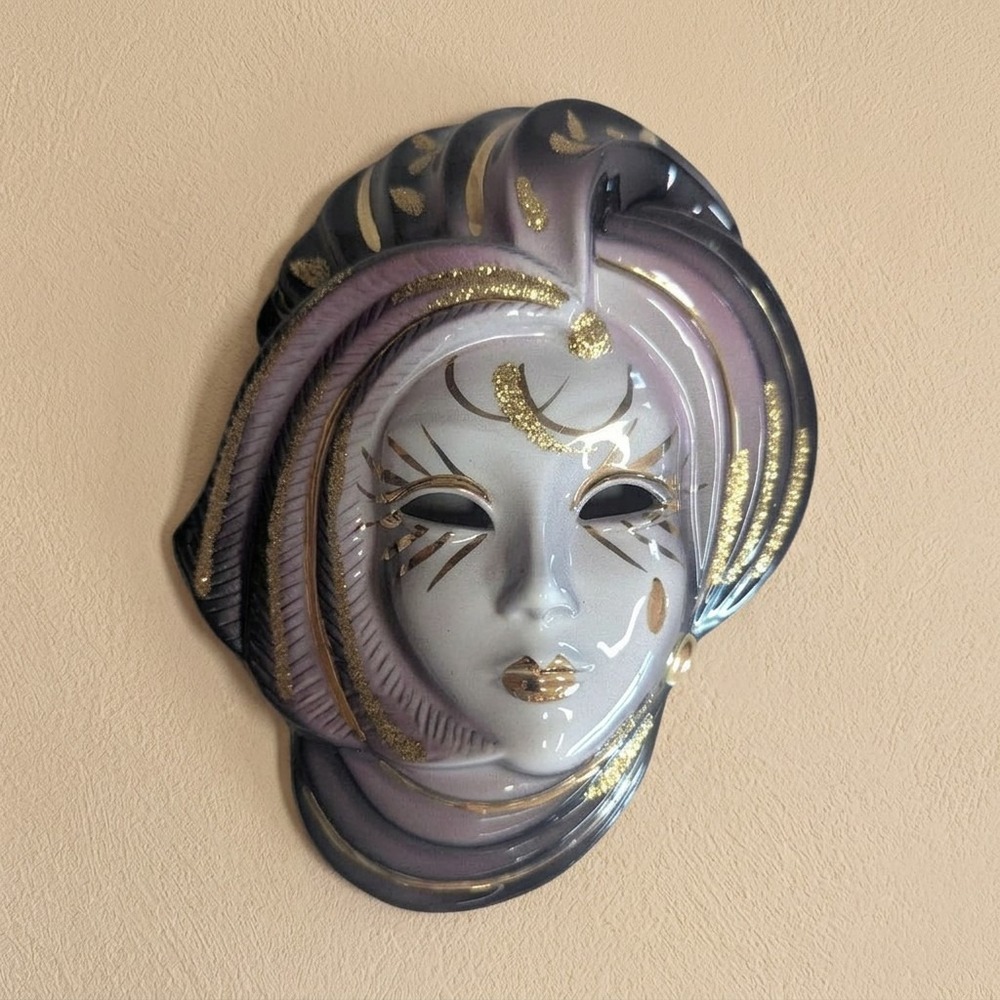 Venetian Ceramic Wall Art Mask, Pastels / Gold / Glitter, 7.5" Tall, Vintage